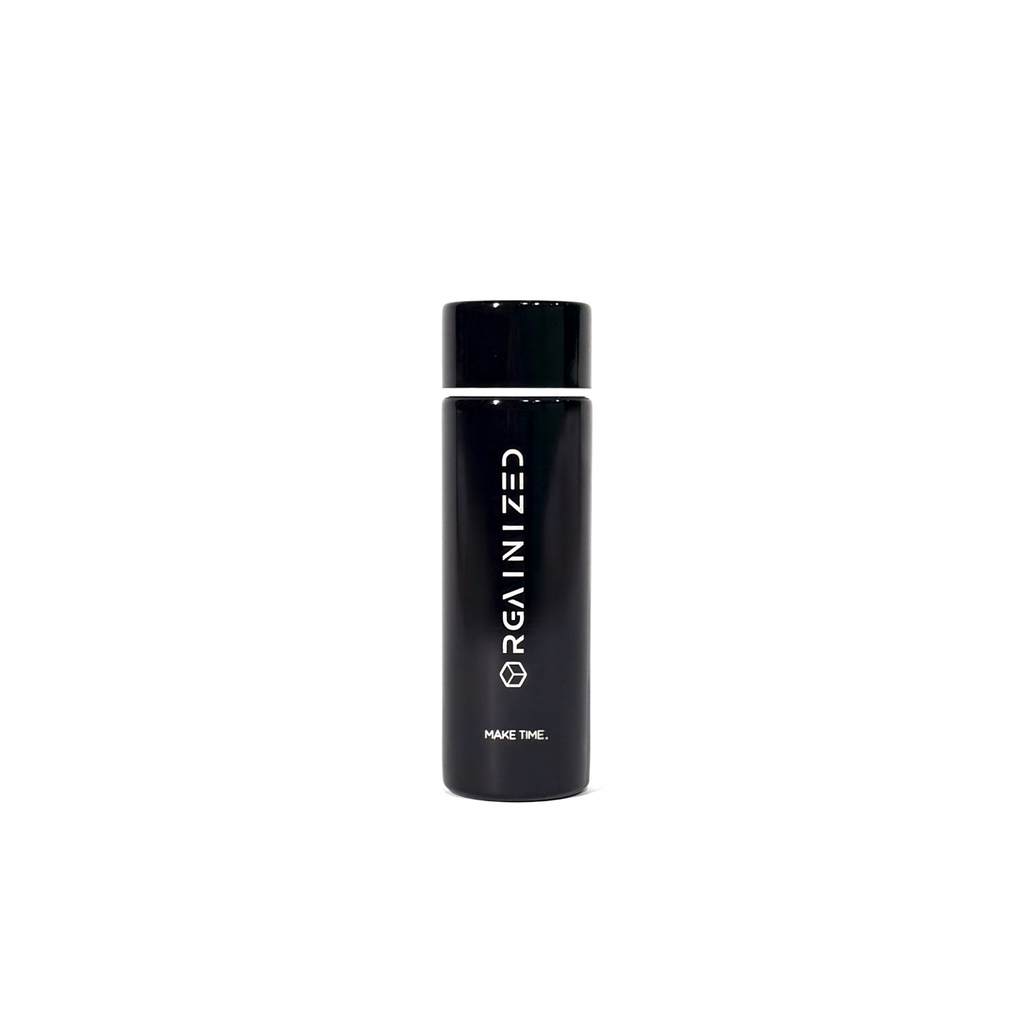 gloss_black_1 – front view. Black cylindrical container with 'Orgainized' branding photographed on a white background