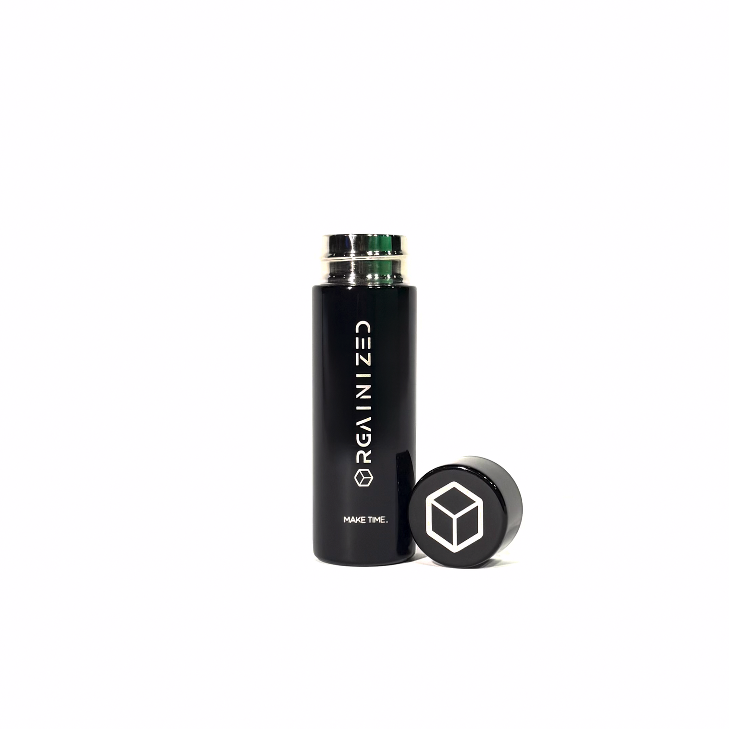 gloss_black_3 – uncapped view. Black cylindrical container with 'Orgainized' branding photographed with the lid removed on a white background