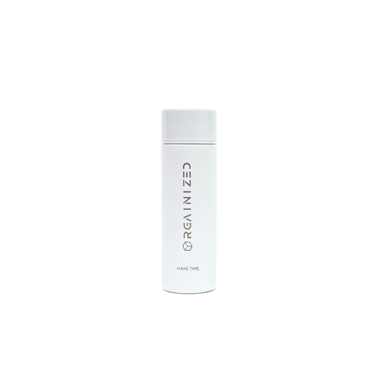 gloss_white_1 – front view. White cylindrical container with 'Orgainized' branding photographed on a white background