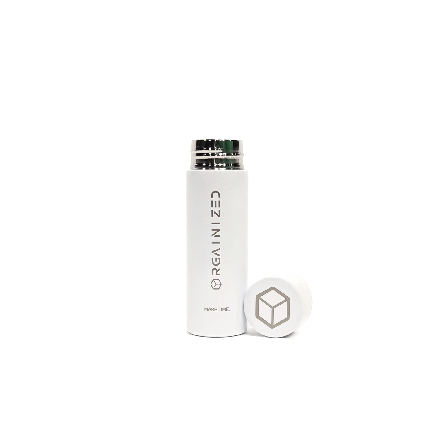 gloss_white_3 – uncapped view. White cylindrical container with 'Orgainized' branding photographed with the lid removed on a white background