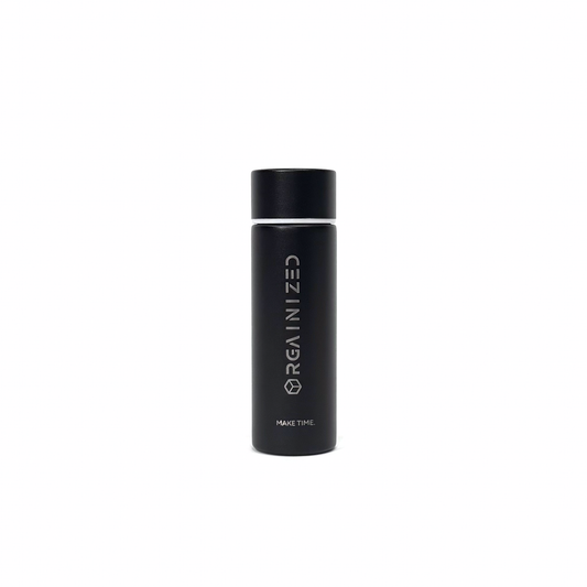 matte_black_1 – front view. Black cylindrical container with 'Orgainized' branding photographed on a white background