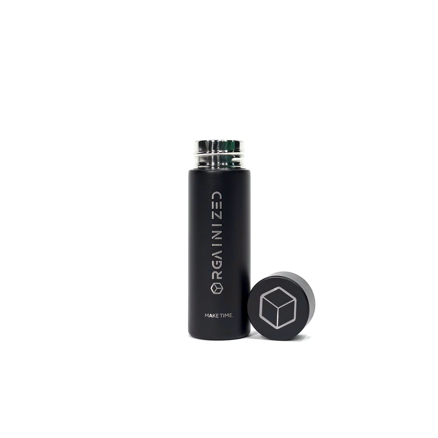 matte_black_3 – uncapped view. Black cylindrical container with 'Orgainized' branding photographed with the lid removed on a white background