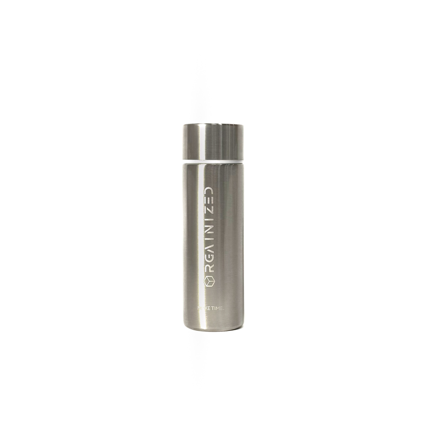 natural_steel_1 – front view. Silver cylindrical container with 'Orgainized' branding photographed on a white background