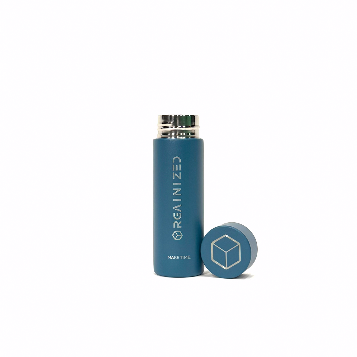rogue_blue_3 – uncapped view. Blue/teal cylindrical container with 'Orgainized' branding photographed with the lid removed on a white background