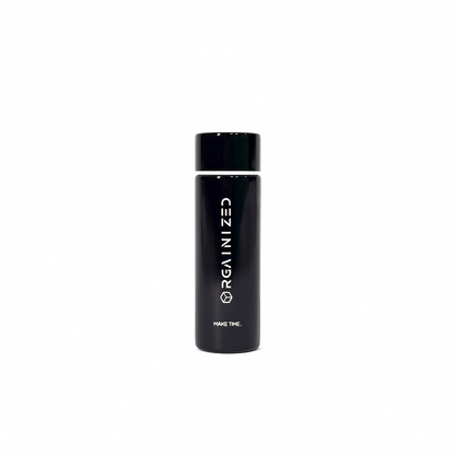 gloss_black_1 – front view. Black cylindrical container with 'Orgainized' branding photographed on a white background