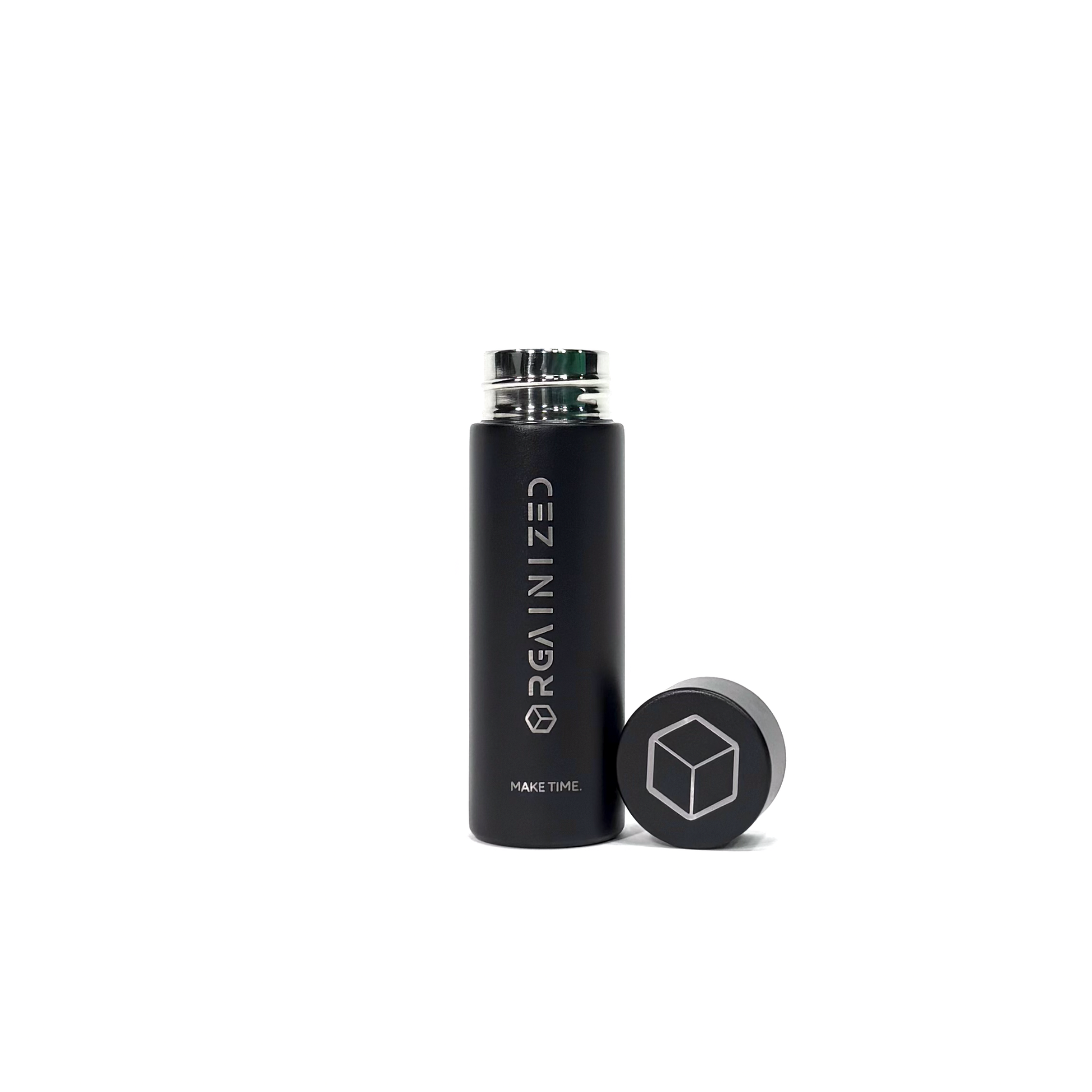 matte_black_3 – uncapped view. Black cylindrical container with 'Orgainized' branding photographed with the lid removed on a white background