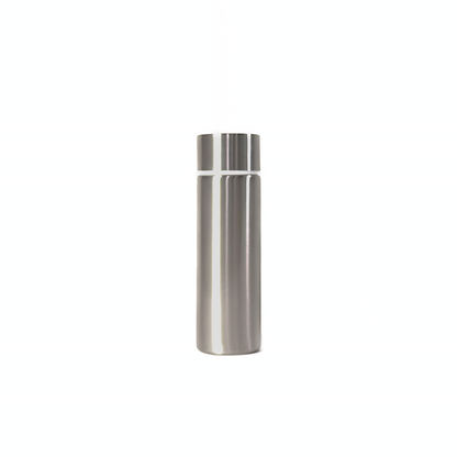 natural_steel_4 – back view. Silver cylindrical container photographed on a white background