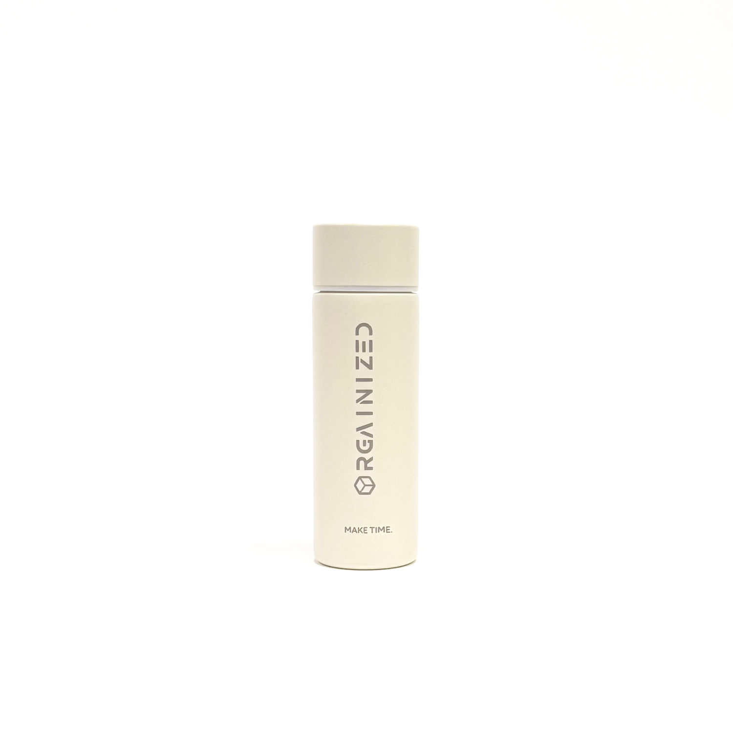 white_sand_1 – front view. Off-white cylindrical container with 'Orgainized' branding photographed on a white background